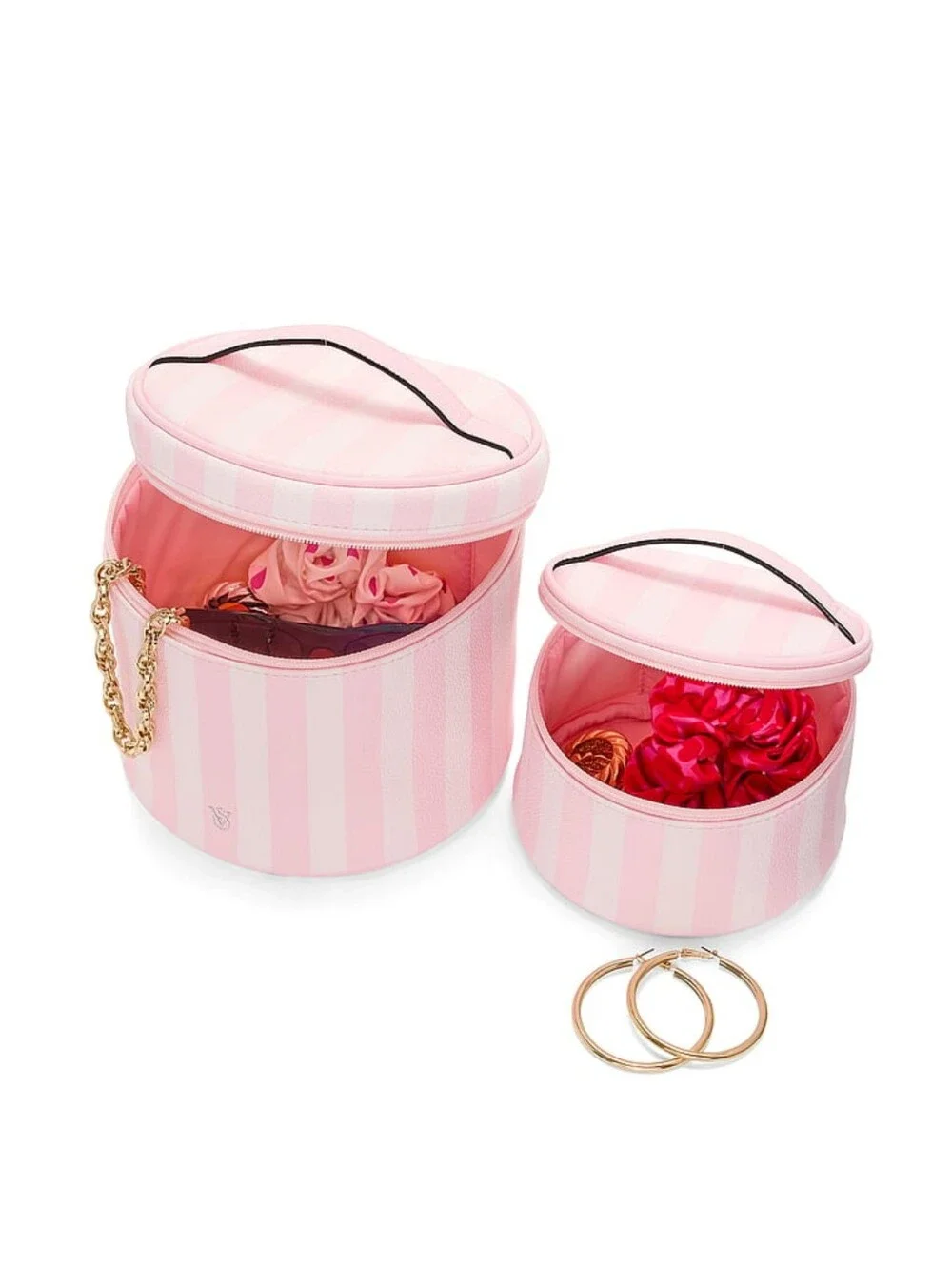Victoria's Secret Pink Striped Cosmetic Storage Case Set Of 2 Makeup Bags